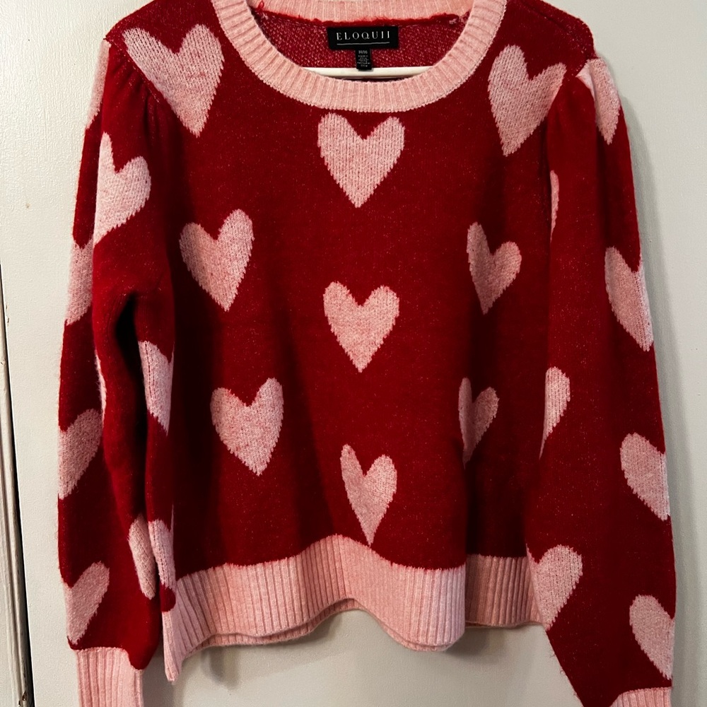 Eloquii Red and Pink Heart Crew Neck Sweater